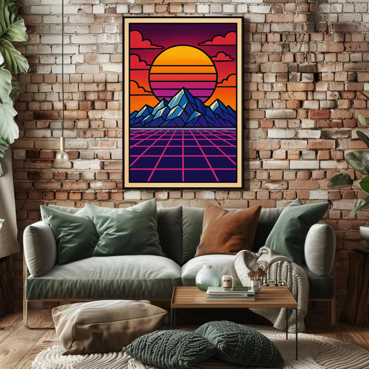 Vibrant Retro-Inspired Mountainscape Poster with Futuristic Sci-Fi Elements