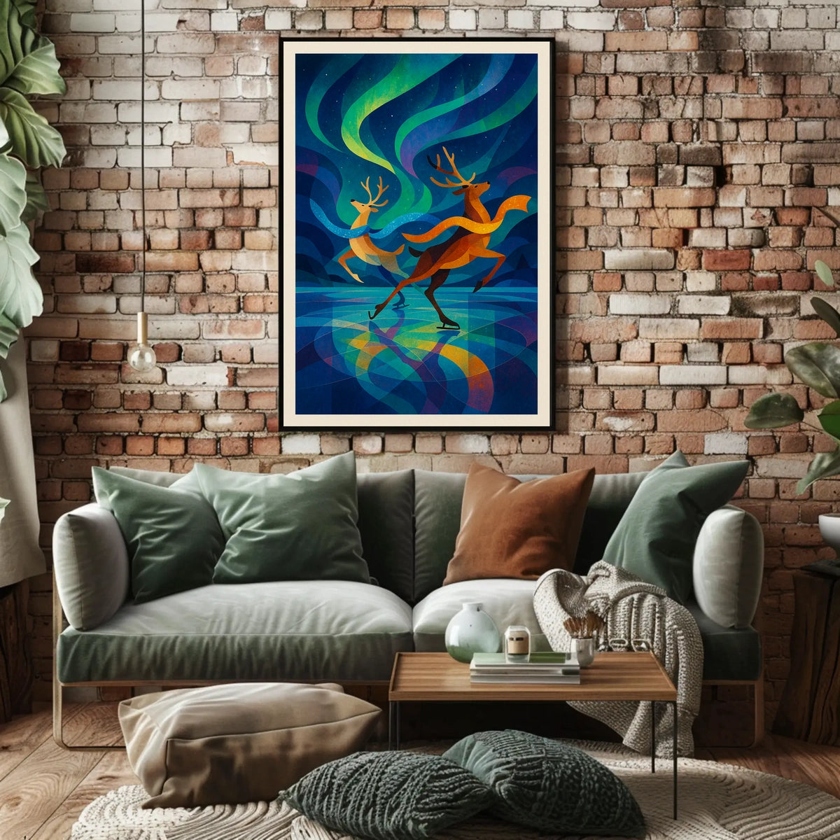 Reindeer Ice Skate Northern Lights Abstract or Artistic Poster