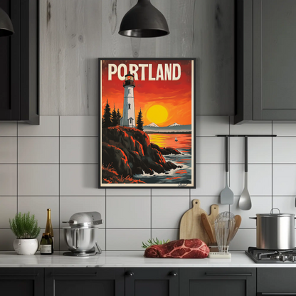 Portland Vintage Poster - Lighthouse at Sunset