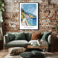 Kefalonia Coastal Charm in Watercolor Travel Poster PosterGoat