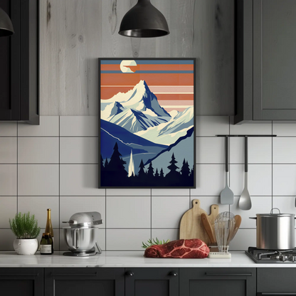 Sunset Snow Mountain View Silhouette Vintage Travel Poster
