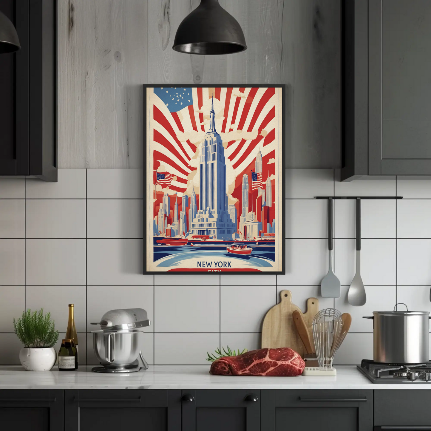 New York Empire Skyline Flags Vintage Travel Poster