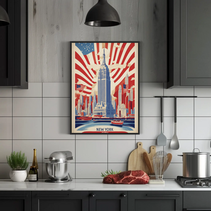 New York Empire Skyline Flags Vintage Travel Poster