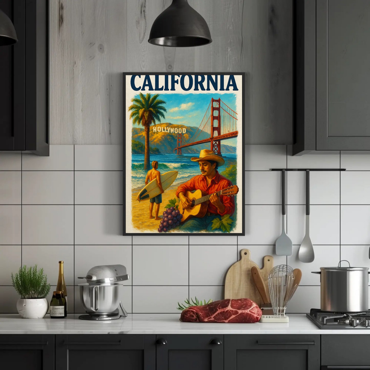 California Surfer Grapes Golden Gate Hollywood Vintage Travel Poster Wall Art