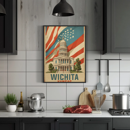 Wichita Kansas State Capitol And Flag Vintage Travel Poster