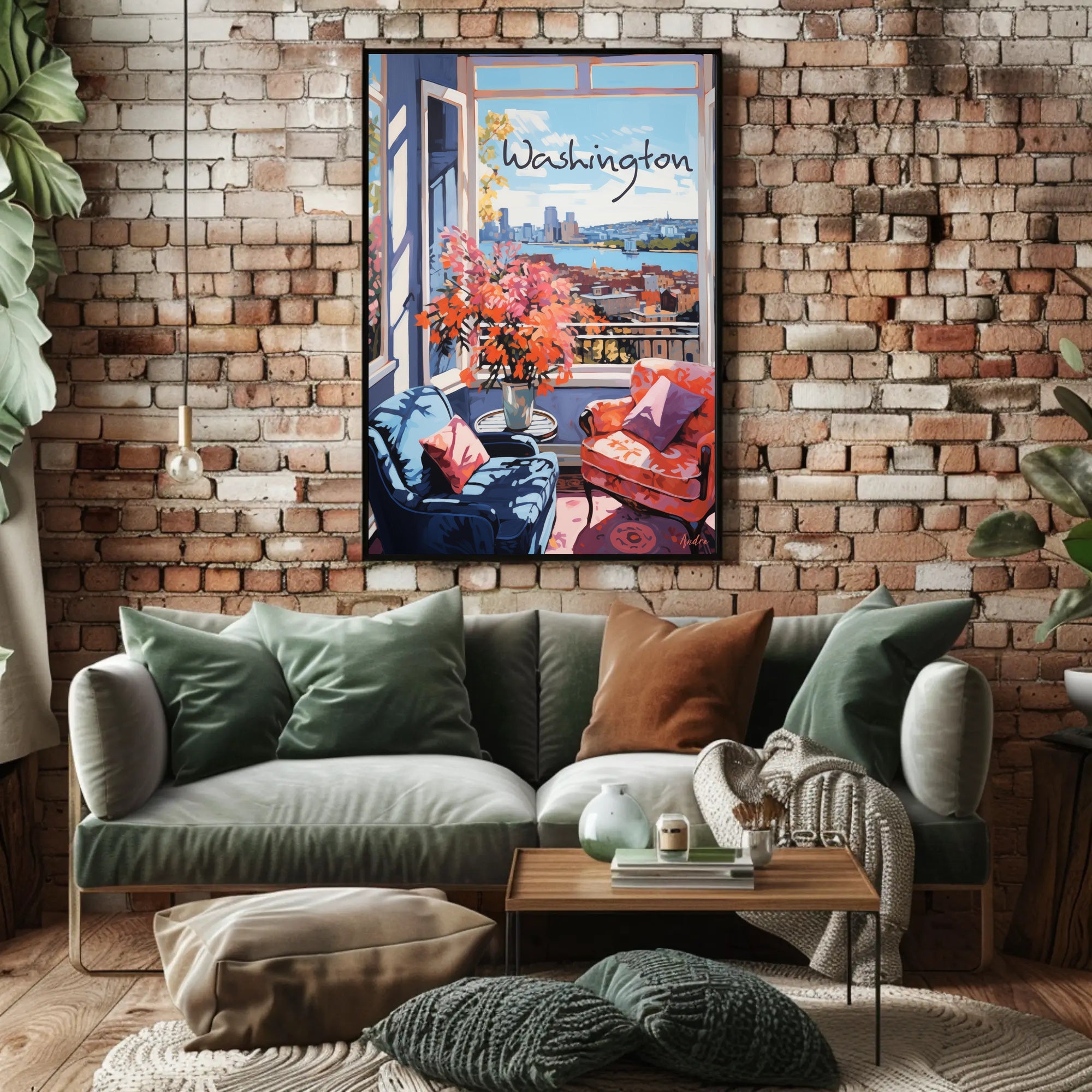 Inviting Urban View: Cozy Interior Cityscape Poster