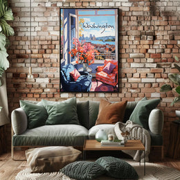 Inviting Urban View: Cozy Interior Cityscape Poster