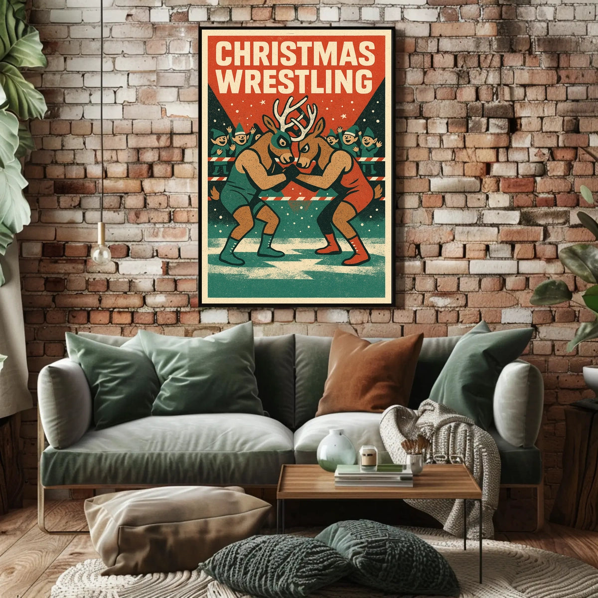 Christmas Wrestling Reindeer Vintage Sports Poster