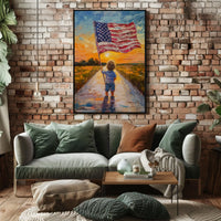 Child Holding American Flag On Sunset Dirt Road Poster