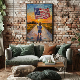 Child Holding American Flag On Sunset Dirt Road Poster