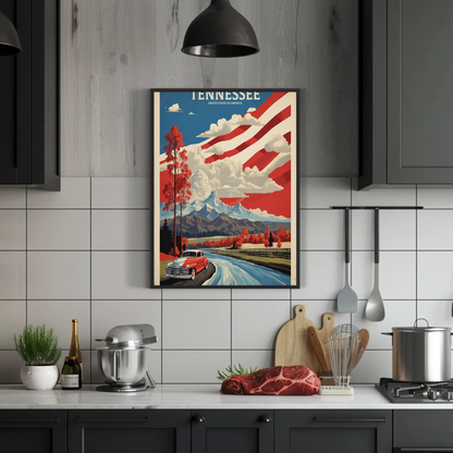 Tennessee Mountains Road Classic Car Vintage Travel Poster