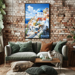 Santorini White and Blue Coastal Scene Travel Poster