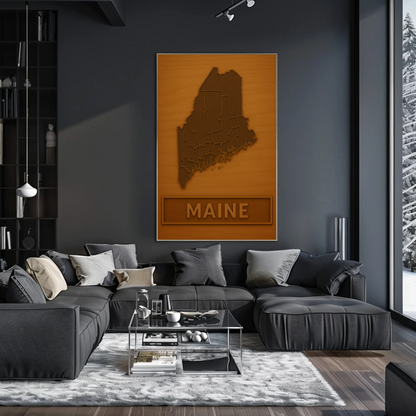Maine Wooden Engraved State Outline Vintage Travel Poster