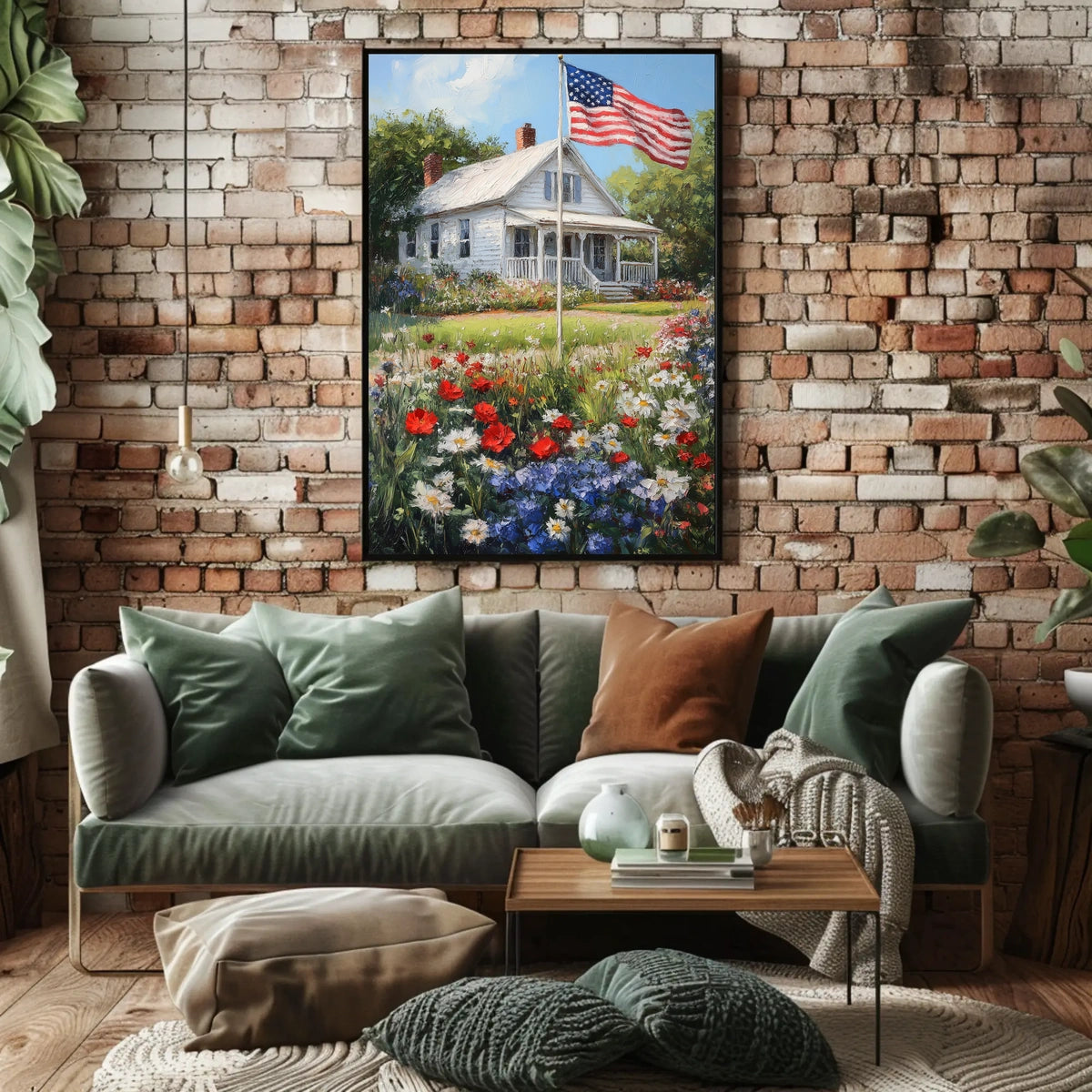 Classic White American Farmhouse With American Flag Poster