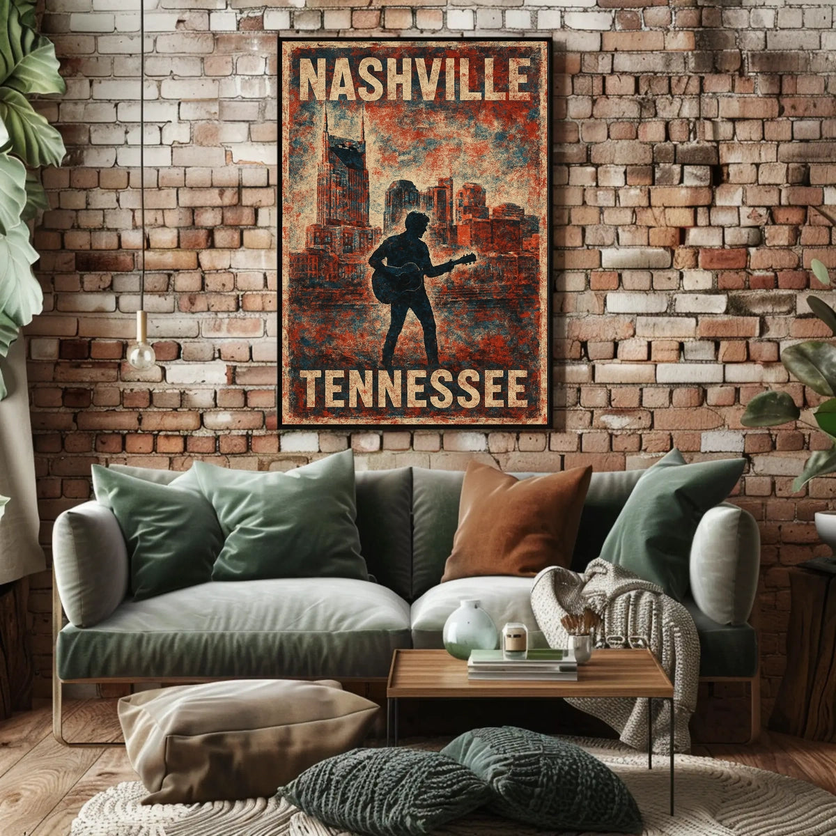 Nashville Guitar Silhouette Vintage Music Cityscape Rustic Texture Nostalgia Folk Art Poster