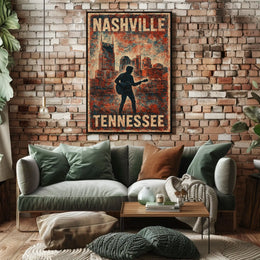 Nashville Guitar Silhouette Vintage Music Cityscape Rustic Texture Nostalgia Folk Art Poster