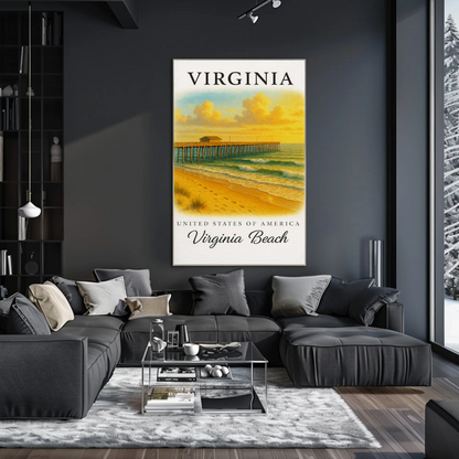 Virginia Beach Pier Ocean Sunset Classic Seaside Travel Poster