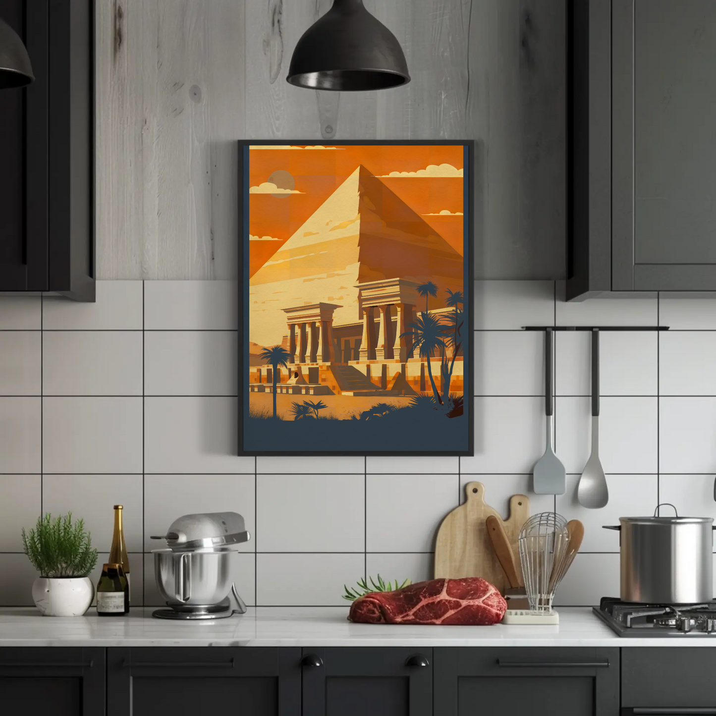 Egypt Pyramid Temple Palm Sunset Vintage Travel Poster
