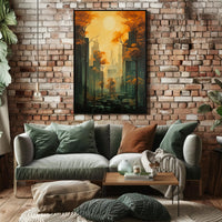 Urban Autumn Cityscape with Skyscrapers and Nature Poster