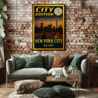 New York City Skyline Sunset Poster Vintage Wall Art