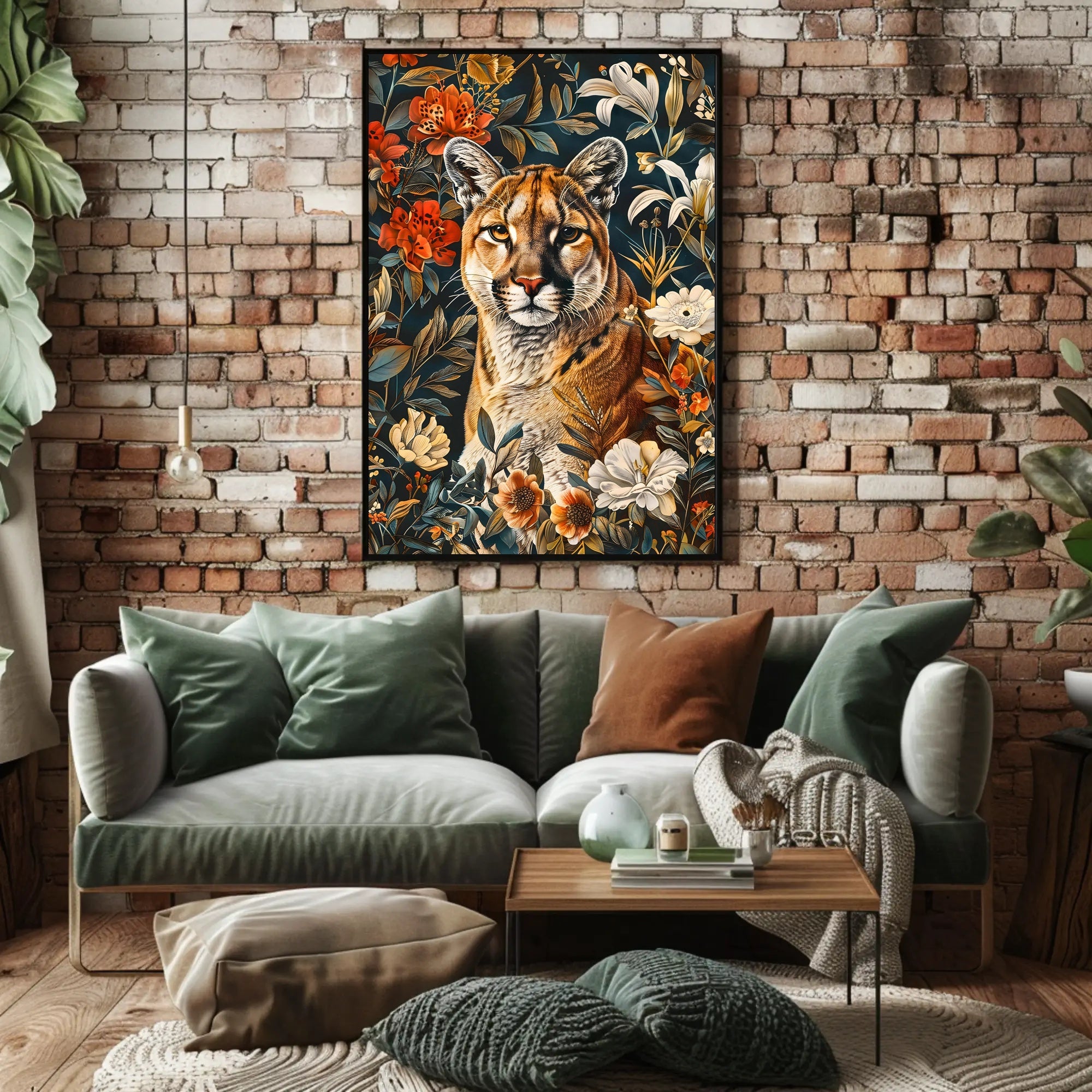 Majestic Cougar Floral Wall Art Print