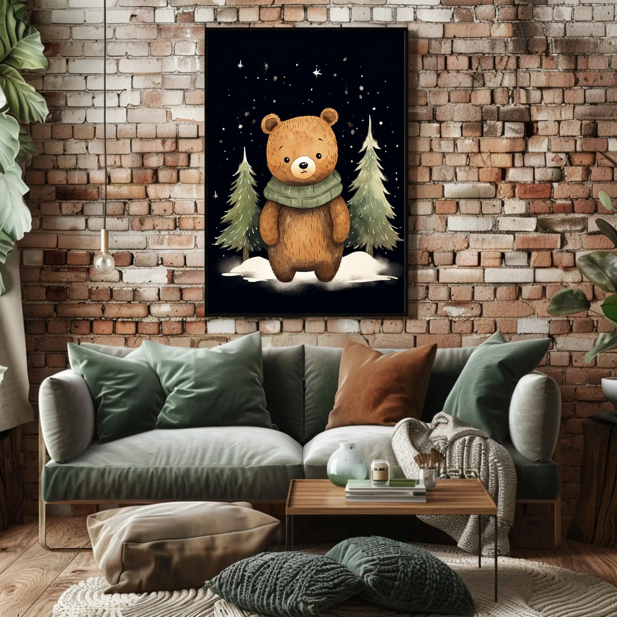 Whimsical Bear Winter Night Scene Art Poster