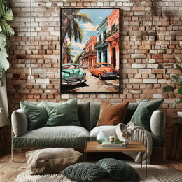 Vintage Cars In A Tropical Street Poster