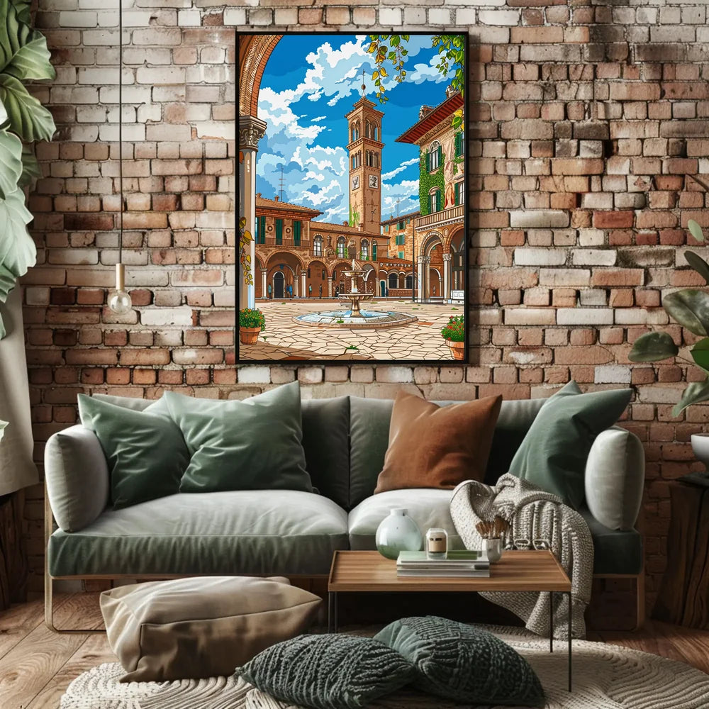 Charming Italian Piazza with Clock Tower Poster