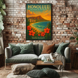 Honolulu Vintage Travel Poster Tropical Beachfront Art