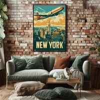 New York Skyline with Airplane Travel Poster