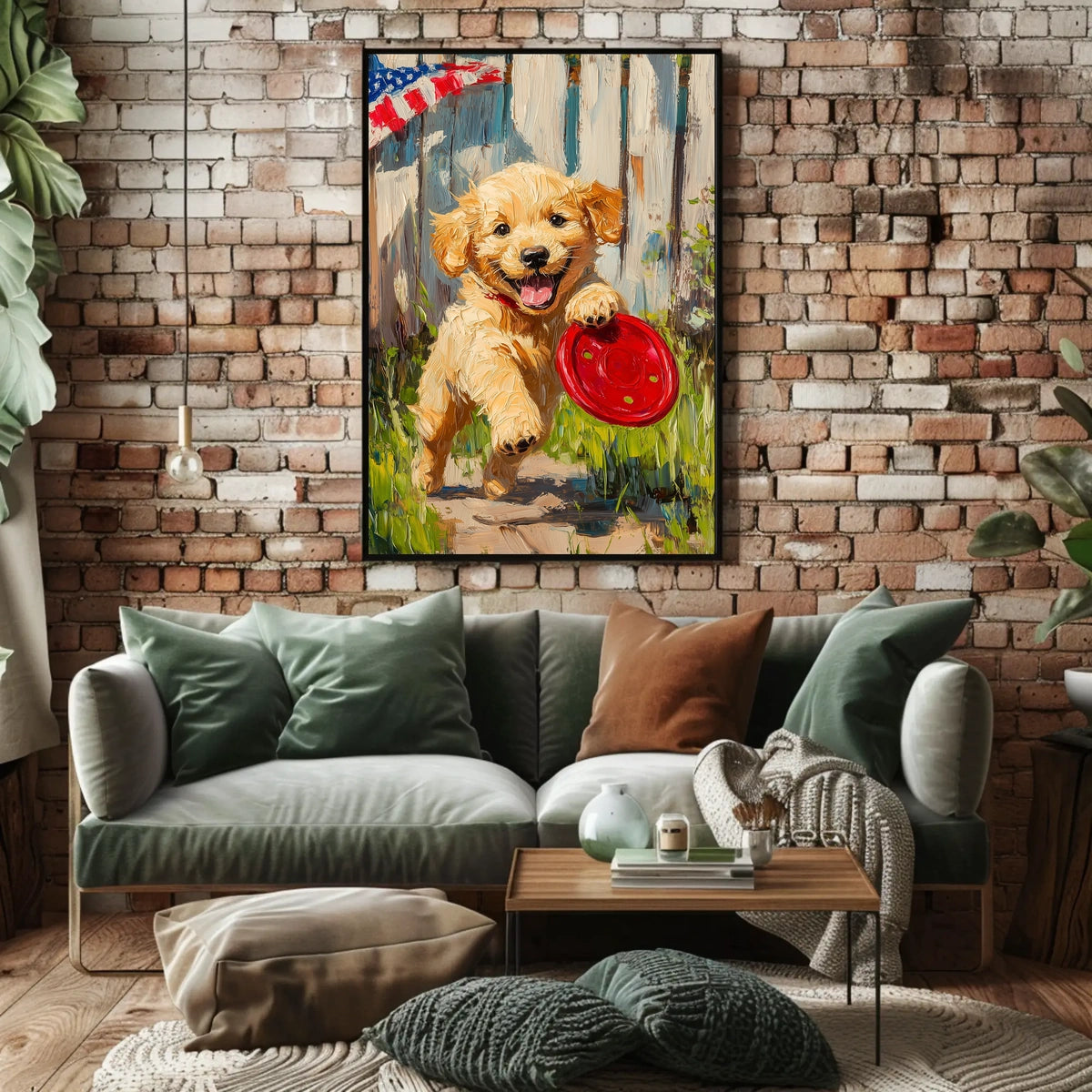 Golden Retriever Puppy Running With Red Frisbee Poster