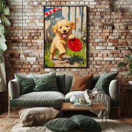 Golden Retriever Puppy Running With Red Frisbee Poster