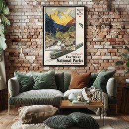 Far West Travel Poster Vintage Train National Parks
