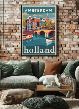 Amsterdam Canal Houses Scenic Vintage Travel Poster