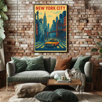 New York City Skyline Landmarks Poster Retro Wall Art