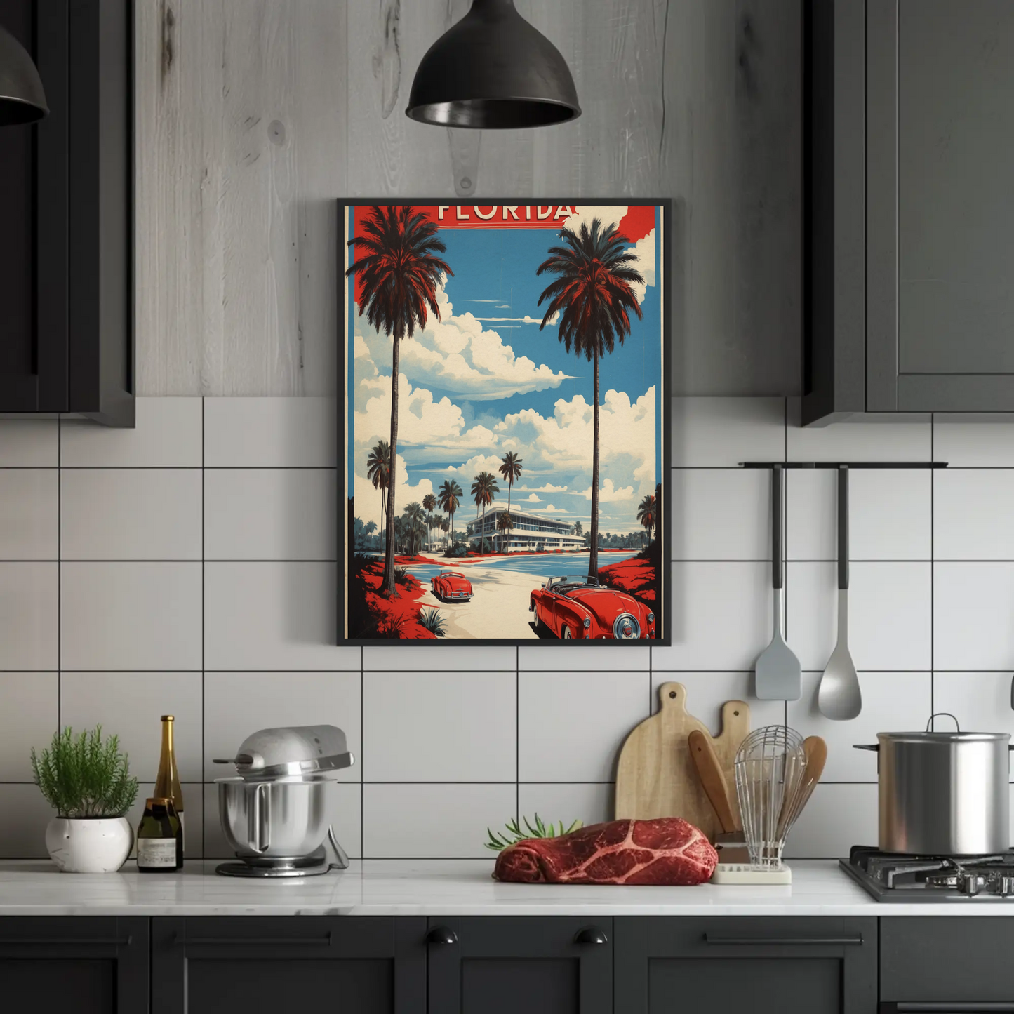Florida Retro Cars Beach Palms Vintage Travel Poster