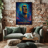 The poster showcases Easter Island, with a focus on the iconic Moai statues, Travel Poster