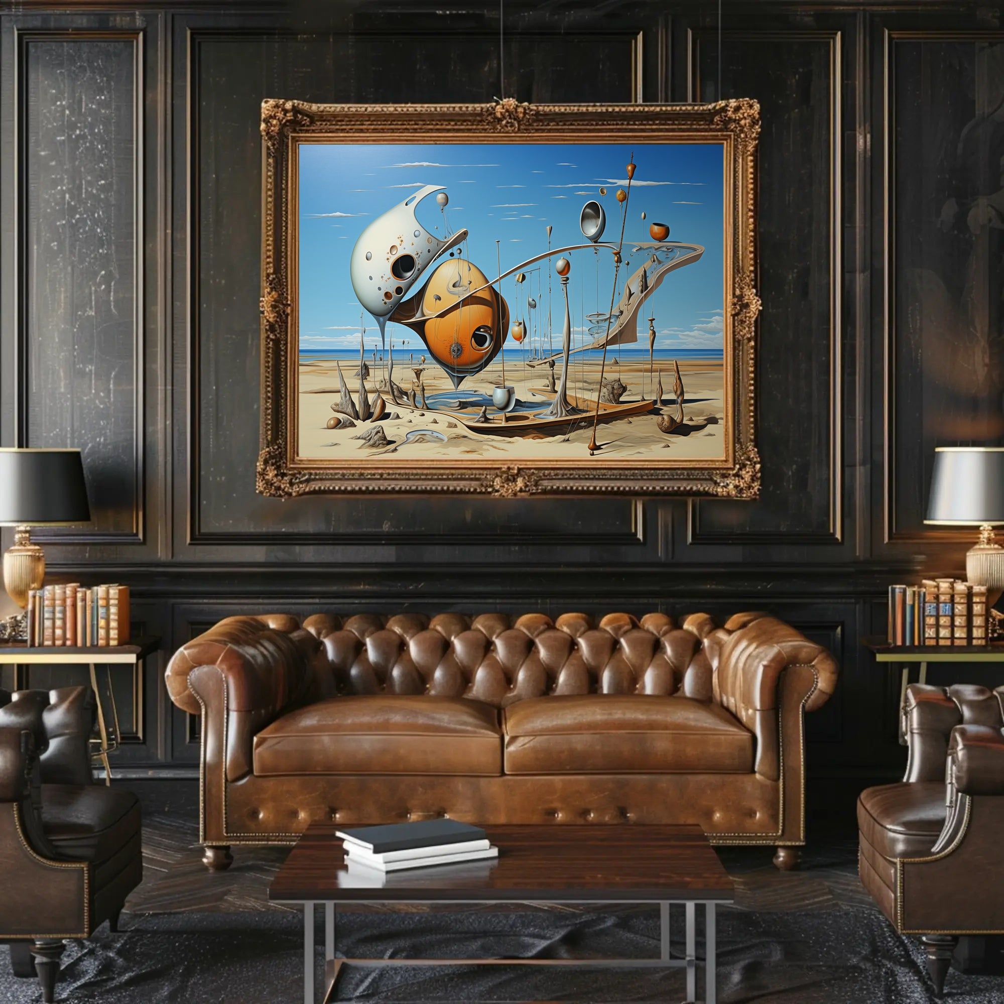 Surreal Desert Landscape with Futuristic Sculptures - Artistic Poster
