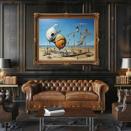 Surreal Desert Landscape with Futuristic Sculptures - Artistic Poster