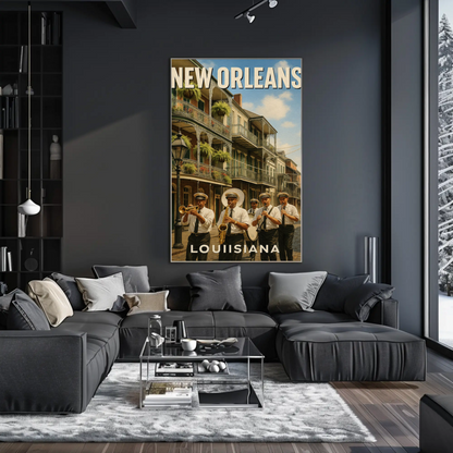 New Orleans Louisiana Jazz Band Balcony Buildings Travel Poster