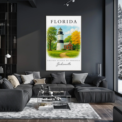Jacksonville Florida Lighthouse Cottage Autumn Trees Travel Poster