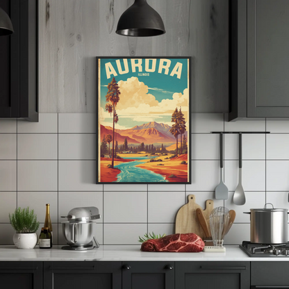Aurora Illinois River Horizon Vintage Travel Poster