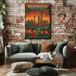 Shanghai Skyline Vintage Travel Poster