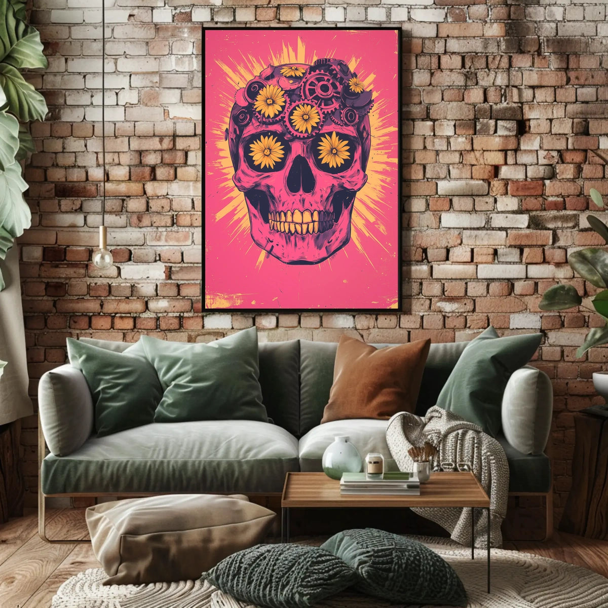 Pink Skull Surreal Flowers Gears Poster