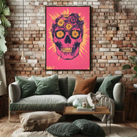 Pink Skull Surreal Flowers Gears Poster