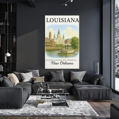 New Orleans Louisiana Cathedral Steamboat River Poster
