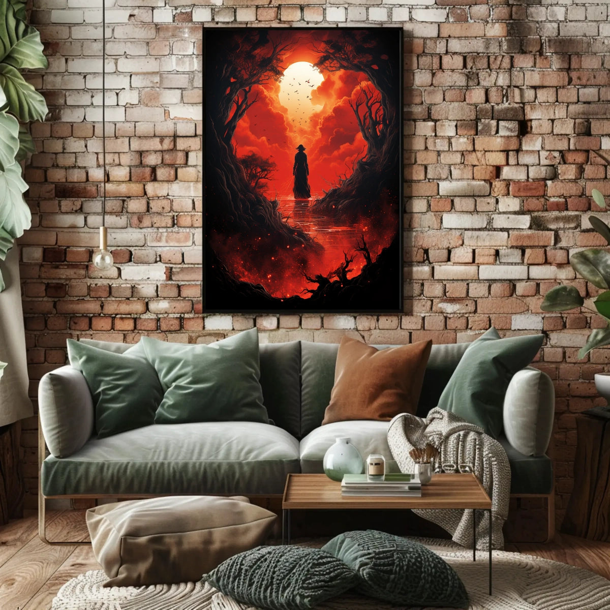 Wandering Traveler in Fiery Fantasy Landscape Poster