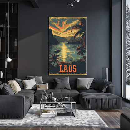 Laos River Sunset Palm Trees Landscape Travel Poster