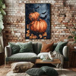 Stylized Halloween Pumpkins with Bats Decorative Art Poster