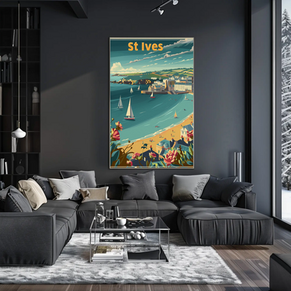 St Ives Cornwall Coastline Sailboats Flowers Travel Poster